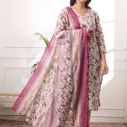 Virah Fashion Women Floral Printed Regular Pure Cotton Kurta with Trousers & With Dupatta-picture-10