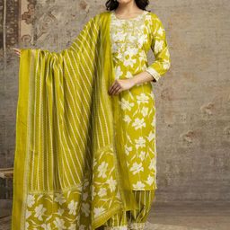 Moda Rapido Floral Printed Mirror Work Notch Neck Pure Cotton Kurta With Patiala & Dupatta-picture-7
