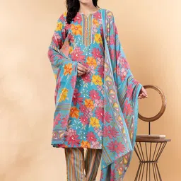 Readiprint Women Floral Printed Regular Aari Work Kurta with Trousers & With Dupatta-2