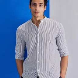 UNSTD Men Relaxed Fit Vertical Striped Mandarin Collar Cotton Casual Shirt-image-5