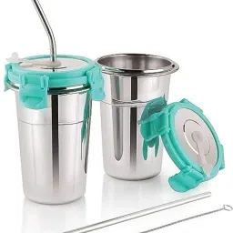 (Pack of 2) Steel Tumbler with Silicon Aperture Steel Lid Leak Proof with 2 Straws 1 Brush Glass Set Water/Juice Glass-1