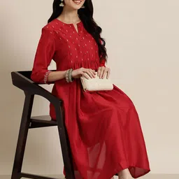 HERE&NOW Geometric Yoke Design Thread Work A-Line Kurta-picture-51