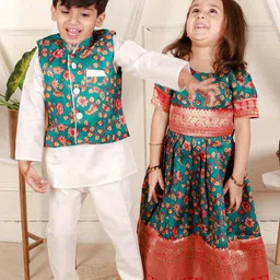 BownBee Boys Mandarin Collar Regular Kurta with Pyjamas And Printed Nehru Jacket image 5
