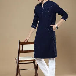 Anouk Navy Blue Ethnic Motifs Sequined Mandarin Collar Straight Cotton Chikankari Kurta-picture-57