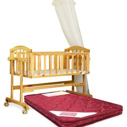 Babyhug Ionia Wooden Cradle With Mosquito Net - Natural Finish AND Babyhug Mattress Floral Print - Maroon-picture-2