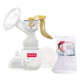 Babyhug Manual Breast Pump with Adjustable Suction and Massage Mode - Yellow & Reusable 3 Layer Bamboo Breast Pads - Pack of 2 Combo-3
