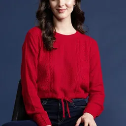 mast & harbour Women Self Design Round Neck Red Sweater-picture-0