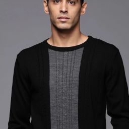 Men Self Design Round Neck Black Sweater-image-74