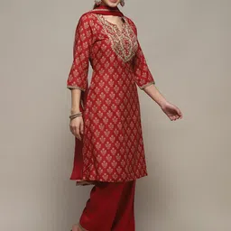 Biba Ethnic Motifs Printed Regular Thread Work Straight Kurta with Palazzos & Dupatta image 2