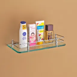 Transparent Glass Shelf for Bathroom/Wall Mounted Shelf with Bracket/Storage Shelf/Kitchen Rack/Bathroom Accessories (12 X 6 inch) Glass, Steel Wall Shelf-15