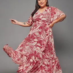 Miss Chase A+ Plus Size Floral Printed V-Neck Flared Sleeve Floral Wrap Maxi Dress-16