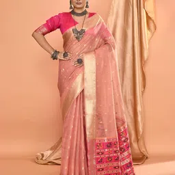 elora Woven Design Zari Pure Linen Ikat Saree-image-26
