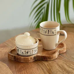 ExclusiveLane Cream & Brown 3 Pieces Printed Ceramic Matte Mug With Bowl & Tray-16