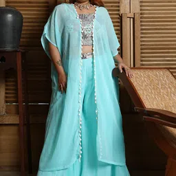 Instafab Plus Embroidered Shoulder Straps Top & Palazzos With Shrug Co-Ords-image-71