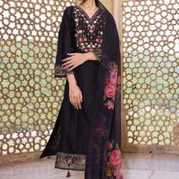 KALINI Floral Embroidered V-Neck Straight Kurta with Trousers & Dupatta-picture-8