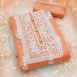 Peachmode Floral Embroidered Thread Work Organza Unstitched Dress Material-picture-16
