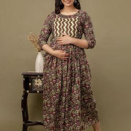 Tulsiram Women Printed Pure Cotton Midi Maternity Ethnic Dress-image-91