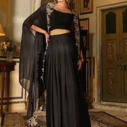 KALINI Shoulder Straps Georgette Crop Top With Skirt & Cape-image-11