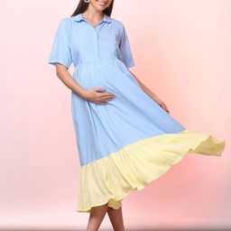 Aanyor Colourblocked Maternity Fit & Flare Midi Dress-image-87