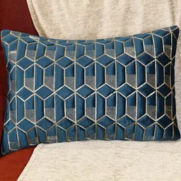 MONKDECOR Blue & Gold-Toned Geometric Velvet Rectangle Cushion Covers-image-13