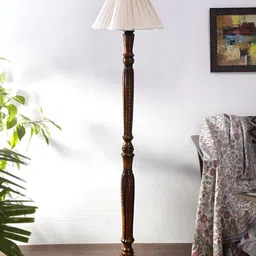 Devansh Off-White & Brown Vintage Cotton Wooden Floor Lamp With Shade-14