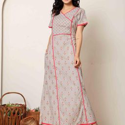 Nihsamah Women Grey & Red Floral Printed V-Neck Angrakha Cotton Maxi Nightdress-picture-45