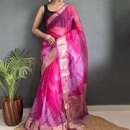 FLOURIOUS Tie and Dye Zari Organza Saree-image-87