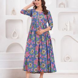 FEMARY Women Floral Printed Gathered or Pleated Fit and Flare Cotton Maternity Midi Dress-image-68