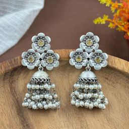 NAMAN ARTS Silver-Plated Artificial Stones Studded & Beaded Oxidised Dome Shaped Jhumkas-picture-35
