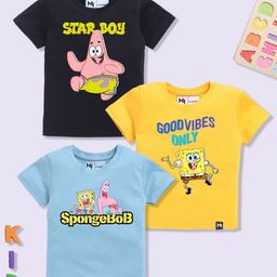 YK X Minute Mirth Boys Set of 3 Assorted Spongebob Printed Pure Cotton T-shirts-4