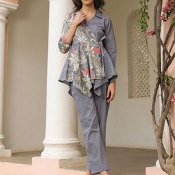 JISORA Women's Grey Printed Pure Cotton Co-Ords Set-image-49