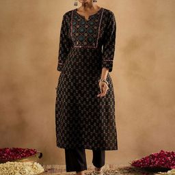 Indo Era Floral Printed Notch Neck Mirror Work Pure Cotton Straight Kurta-image-28