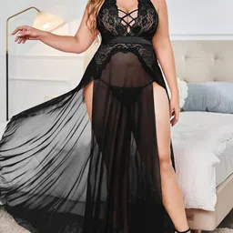 Curves By ZeroKaata Plus Size Sheer Self Design Long Nightwear Baby Doll Lingerie-5