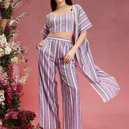 indo street Striped Pure Cotton Top Shrug With Trousers Co-Ords-image-12
