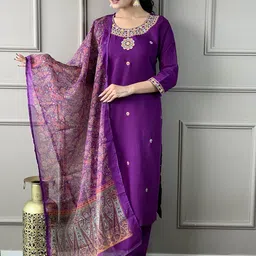 KALINI Ethnic Motifs Embroidered Round Neck Straight Kurta With Trousers And Dupatta-image-41