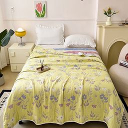 JC HOME Yellow & Blue Floral AC Room 350 GSM Single Bed Quilt-image-36