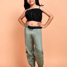 YK Girls Self Design Shoulder Straps Pure Cotton Schiffli Crop Top With Cargo Trousers-image-90