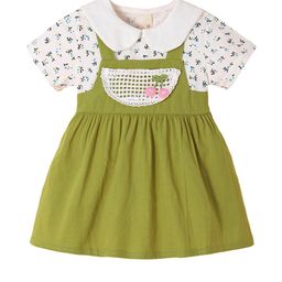 Hopscotch Girls Olive Floral Applique Peter Pan Collar Short Sleeves Casual Dress-picture-44