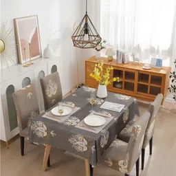 FAVRIA 5-Pcs Beige & White Printed 4 Seater Table Cover With Chair Covers-image-31