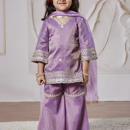 VASTRAMAY Girls Floral Embroidered Regular Sequinned Tissue Kurta & Sharara With Dupatta-image-50