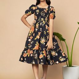 OTABU Floral Print Puff Sleeve A-Line Midi Dress-image-62
