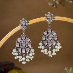 NAMAN ARTS Silver-Plated Artificial Stones and Beads Oxidised Contemporary Drop Earrings-10