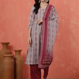 Anouk Geometric Printed Thread Work Straight Kurta With Trousers And Dupatta-2