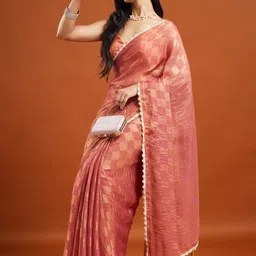 LOROFY Checked Beads and Stones Pure Chiffon Chanderi Saree-picture-18