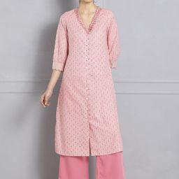 SHAYE Floral Printed V-Neck Three-Quarter Sleeves Thread Work Pure Cotton Kurta-image-39