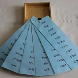 Montessori-Language-Blue WORDLISTS (Wooden Box with 6 Word Lists Half of A4 Size with Vowel Sound "A.E.I,O,U" and Mixed Vowel)-image-14