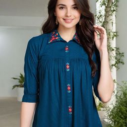 SZN Women Floral Embroidered Puff Sleeve Shirt Collar Peplum Top-picture-8
