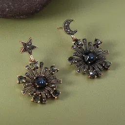DressBerry Gold-Plated Celestrial Artficial Stones Studded Floral Shaped Drop Earrings-image-7