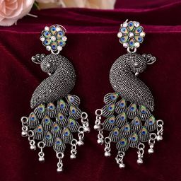 VOJ Silver-Plated Stainless Steel Artificial Stones Studded Peacock Shaped Drop Earrings-image-58