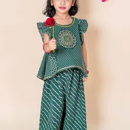 Chanda Mama Girls Bandhani Embroidered Regular Mirror Work Pure Cotton Kurta with Palazzos-35
